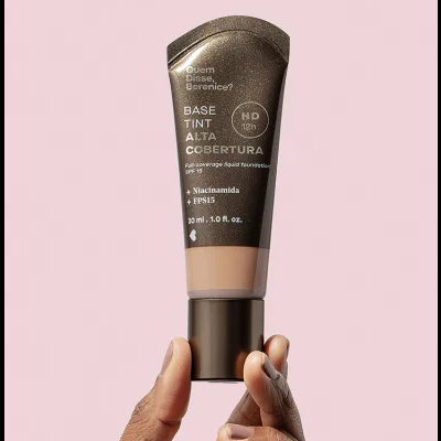 Base líquida em embalagem preta com texto branco segurada por mão contra fundo rosa.