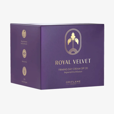 Caixa de creme Royal Velvet roxa com letras douradas