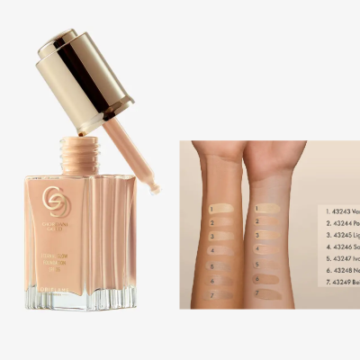 Base de maquiagem líquida bege com amostras numeradas em dois braços e lista de nomes das cores.