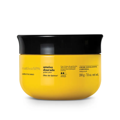Creme esfoliante corporal amarelo com tampa preta da marca O Boticário