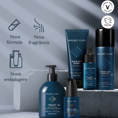 Produtos Malbec Club em embalagens azuis sobre blocos cinzentos