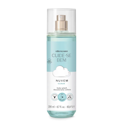 Frasco transparente de body splash desodorante colónia com rótulo azul claro e branco