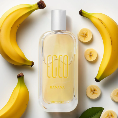 Frasco de perfume Egeo Banana com bananas ao redor