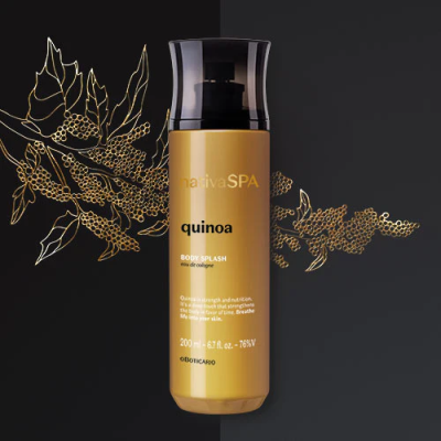 Frasco amarelo de body splash Nativa SPA quinoa com tampa preta e fundo dividido preto com ramos dourados