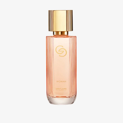 Frasco de perfume Oriflame Woman em vidro rosa claro com tampa dourada