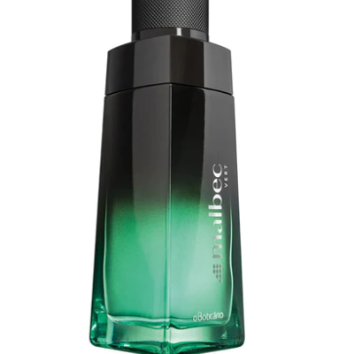 Frasco de perfume Malbec Vift em vidro verde e preto com tampa preta texturizada