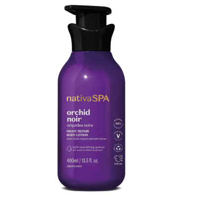 Frasco roxo de loção corporal nativaSPA orchid noir com tampa preta