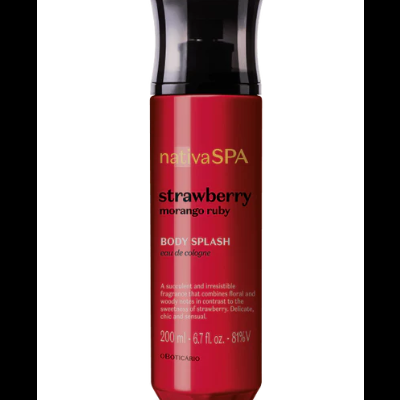 Frasco vermelho de body splash nativaSPA strawberry com tampa preta