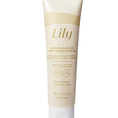 Frasco tubo creme com texto dourado de Sérum Leave-In Lily
