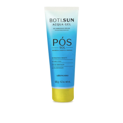 Gel hidratante pós-sol BOTI.SUN Acqua Gel em embalagem azul com tampa amarela.