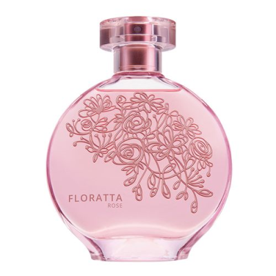 Frasco de perfume rosa com desenho floral e texto Floratta Rose