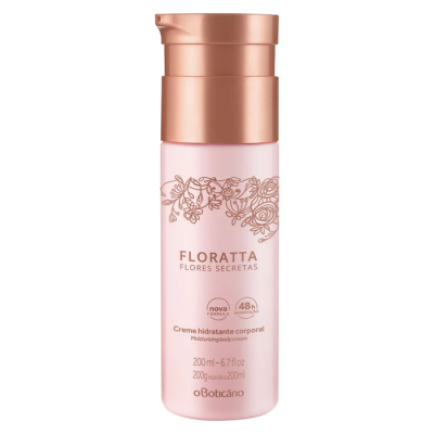Frasco de creme hidratante corporal Floratta Flores Secretas rosa com pump bronze