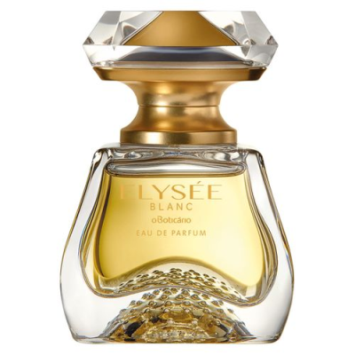 Frasco de perfume O Boticário Elysée Blanc com líquido amarelo dourado e tampa transparente faceteada.