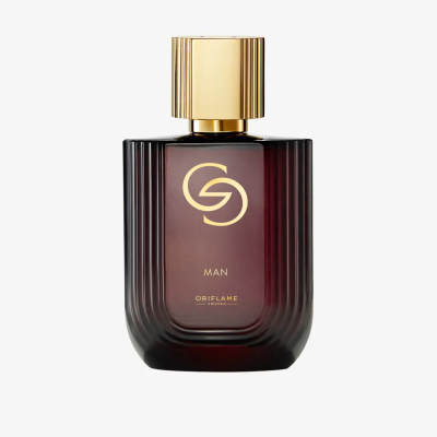 Frasco de perfume GS Man da Oriflame em vidro castanho com tampa dourada