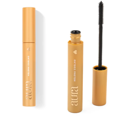 rímel amarelo aberto e fechado com texto branco