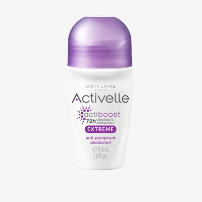 Desodorizante roll-on Activelle Oriflame branco com tampa roxa