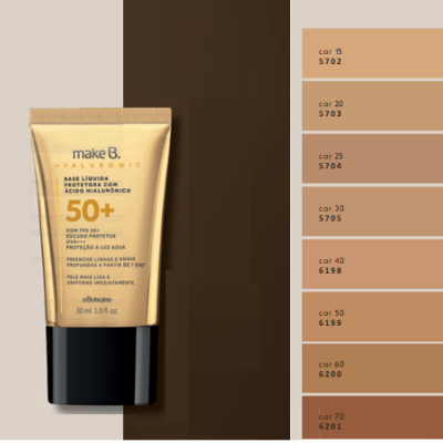 Tubo creme Make B. Hyaluronic FPS 50+ dourado com tampa preta e paleta de tons marrons