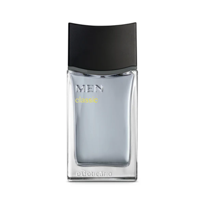 Frasco de perfume masculino transparente com líquido azul claro e tampa preta