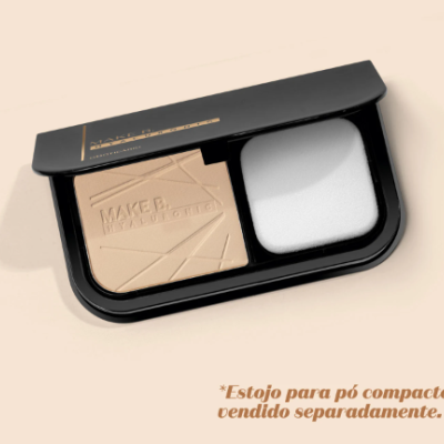 Estojo preto de pó compacto com esponja branca e pó bege com padrão geométrico.