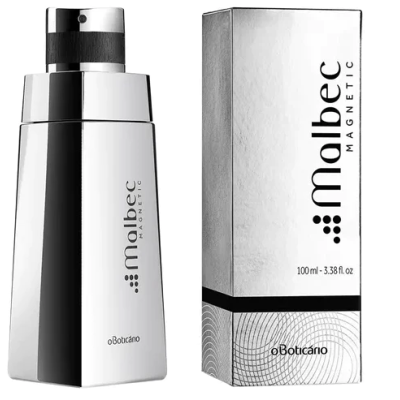 Perfume Malbec Magnetic com embalagem prateada e preta.