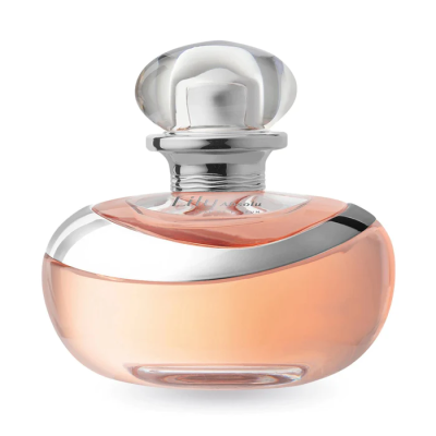 Frasco de perfume cor de rosa com tampa transparente e detalhes prateados