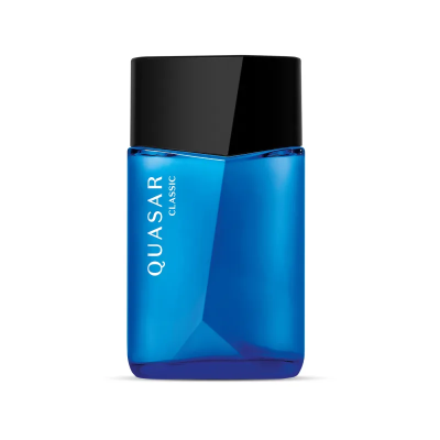 Frasco azul de perfume Quasar Classic com tampa preta