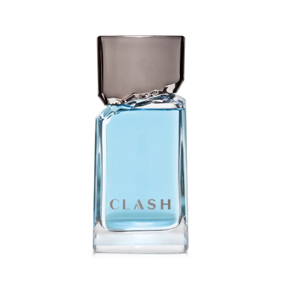 Frasco de perfume azul com tampa cinzenta e texto CLASH