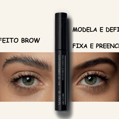 Gel de sobrancelhas preto com fotos de olhos feminino mostrando efeito antes e depois
