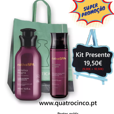 Kit de presente nativaSPA ameixa negra com 2 produtos em saco verde e preço em suporte azul