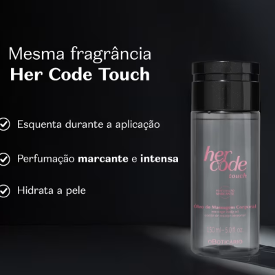 Óleo de massagem corporal her code touch com texto promocional em fundo preto
