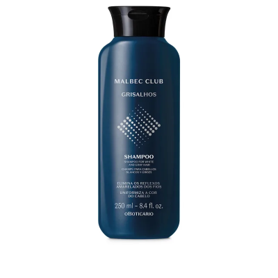 Frasco azul de shampoo Malbec Club GrisAlhos com tampa preta e texto branco