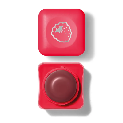 lip balm vermelho com ícone de framboesa e produto castanho