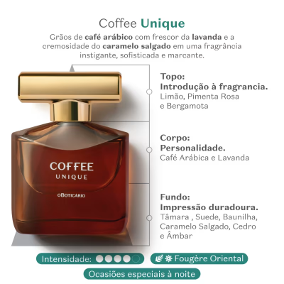 Frasco de perfume Coffee Unique vidro âmbar com tampa dourada e texto branco