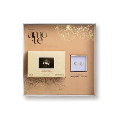 Conjunto creme corporal Lily e brincos com cristais Swarovski em embalagem decorada