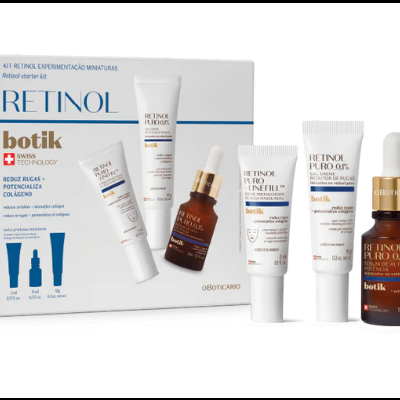 Kit de Retinol da marca Botik com frasco âmbar conta-gotas e três tubos brancos