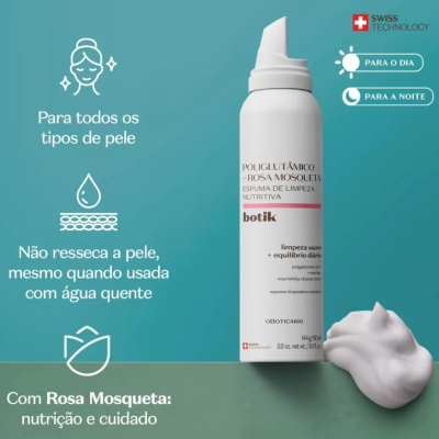 Frasco branco de espuma de limpeza Botik com texto informativo ao fundo