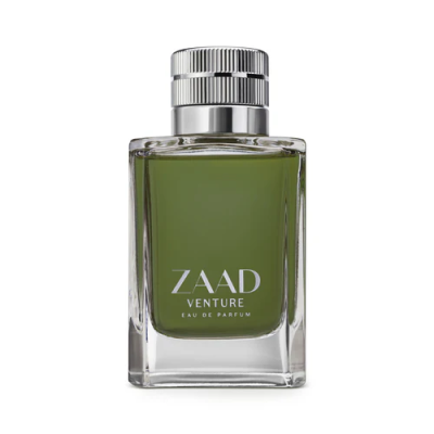 Frasco de perfume ZAAD VENTURE com líquido verde e tampa prateada