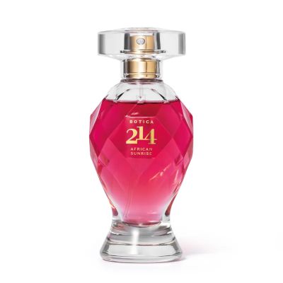 Frasco de perfume BOTICA 214 AFRICAN SUNRISE com líquido rosa