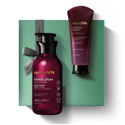 Produtos nativa SPA black plum e ameixa negra sobre caixa verde-água