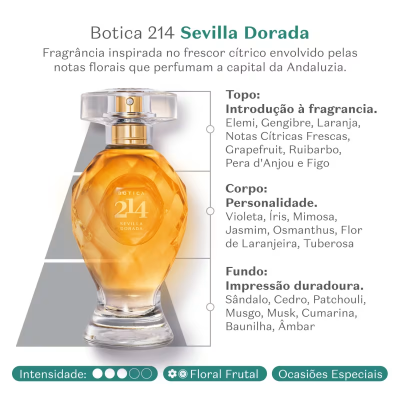 Frasco de perfume Botica 214 Sevilla Dorada com líquido âmbar e tampa transparente
