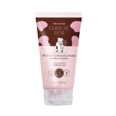 Creme esfoliante O Boticário Deleite Chocolatudo em tubo rosa e castanho com desenhos de vaca.
