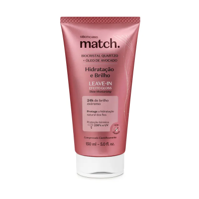 Embalagem rosa metálica de creme Leave-In Match do Boticário com texto em português
