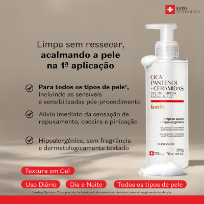 Frasco de gel de limpeza facial com rótulo branco e texto promocional em fundo bege