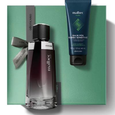 Frasco de perfume Malbec e tubo de bálsamo pós barba Malbec Sensitive sobre fundo verde claro