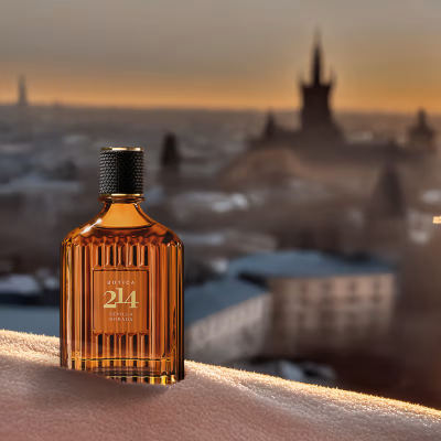 Frasco de perfume âmbar BOTICA 214 Sevilla Dorada numa superfície cor creme com cidade desfocada ao fundo