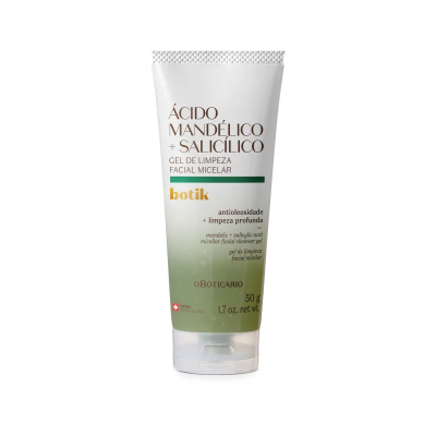 Gel de limpeza facial micelar Ácido Mandélico + Salicílico na embalagem tubo branco e verde