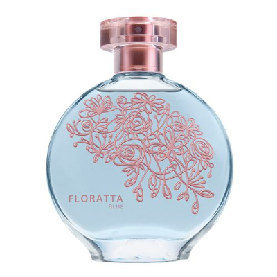 Frasco de perfume Floratta Blue azul com tampa rosa e flores desenhadas