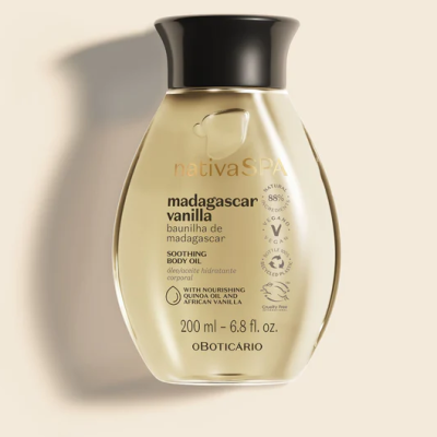 Frasco transparente de óleo corporal nativa SPA Madagascar Vanilla com tampa preta