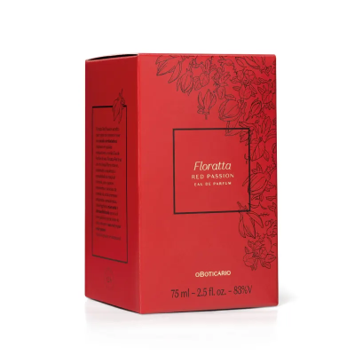 Embalagem vermelha de perfume Floratta Red Passion com ilustrações florais