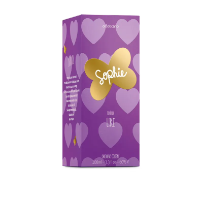 Embalagem de perfume roxa Sophie com corações e texto dourado